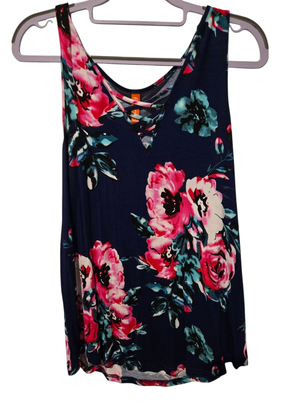 Navy Floral Crisscross Tank Top with Pink Bloom Print